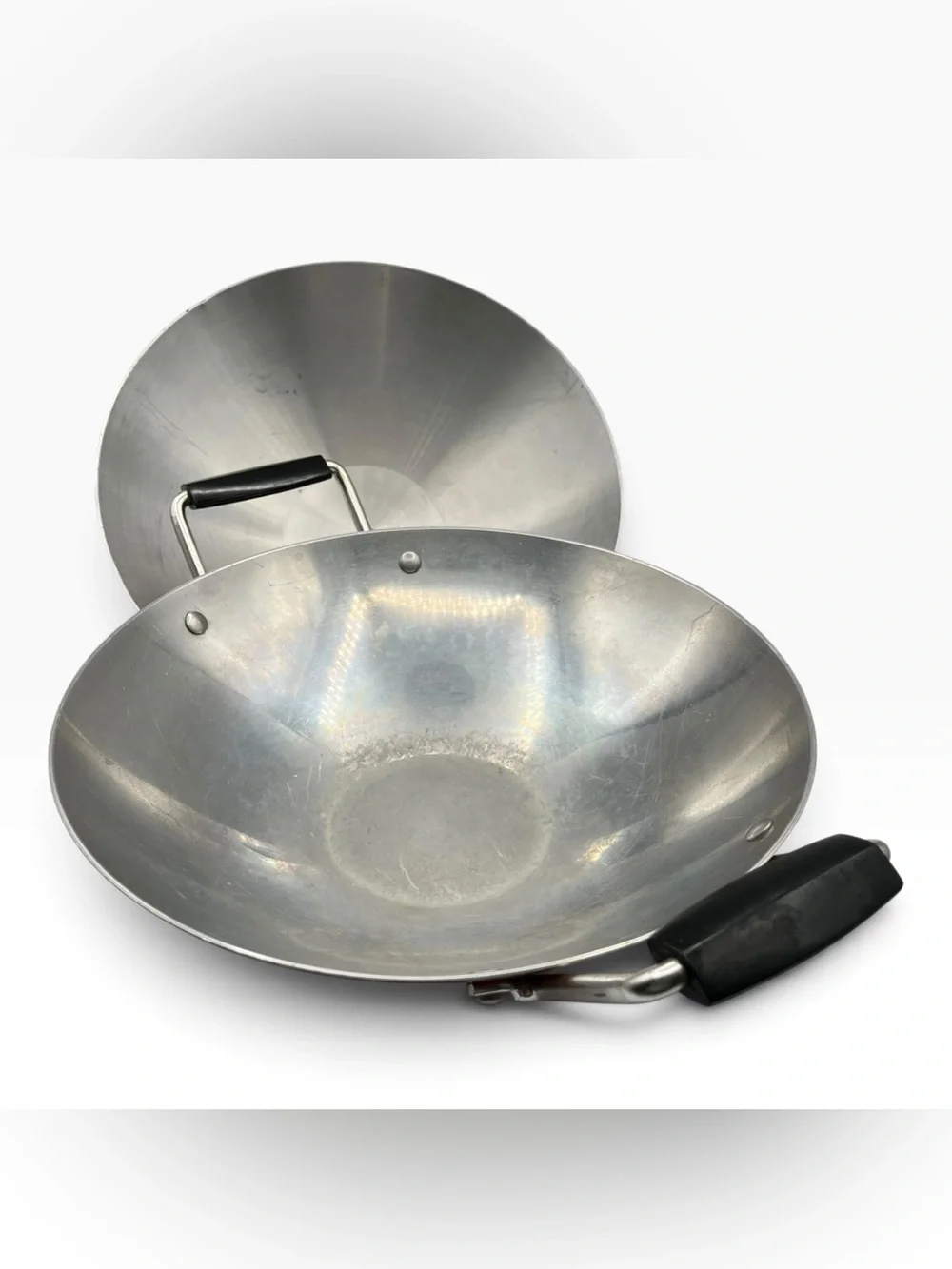 Vintage mid century modern Alluminum Wok Red Greek Key Round Bottom Stovetop Pan